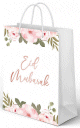 Sac cadeau en carton renfore avec inscription "Eid Mubarak" (Aid Moubarak) - Couleur Blanc fleuri avec inscription rose dore