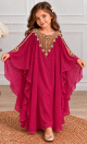 Robe de Cérémonie Fille en Mousseline Brodées Dorées & Manches Papillon- Modèle Princesse - Fuchsia